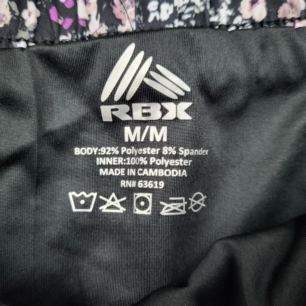 RBX‎ Womens Floral Active Shorts Black Purple White Size Medium Drawstring Liner